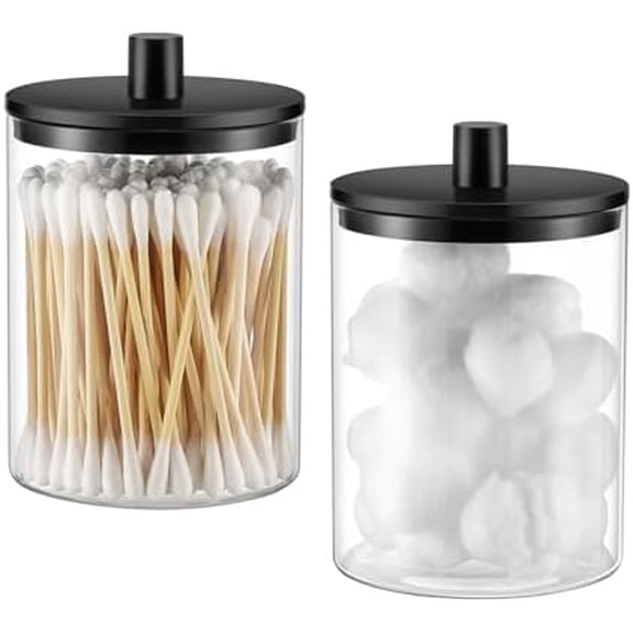 Glass Qtip Holder Dispenser - 10 oz Clear Canister Apothecary Jar, Bathroom Vanity Storage Organizer Set for Cotton Swabs, Pads, Floss Picks, Small Containers for Makeup Storage (2 Pack, Black)