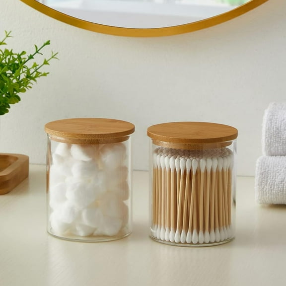 Glass Qtip Holder Dispenser with Bamboo Lid - 2 Pack Apothecary Jars - Cotton Balls Pads Swabs Holder Jar - Bathroom Vanity Canisters Jars for Countertop Storage and Organization