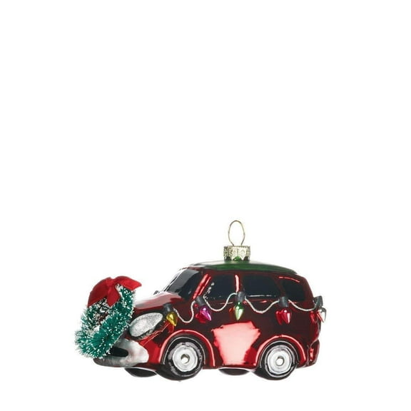 Glass RED CAR with Lights & Wreath Christmas Ornament, by Sullivans