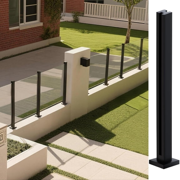 Glass Railing Post, No-Punch Heavy-Duty Glass Railing with Spigot Slots & Base, 304 Stainless Steel Clamp Bracket for Deck Balusters, Balcony, Patio, Stairs, Black 47in Mid Post