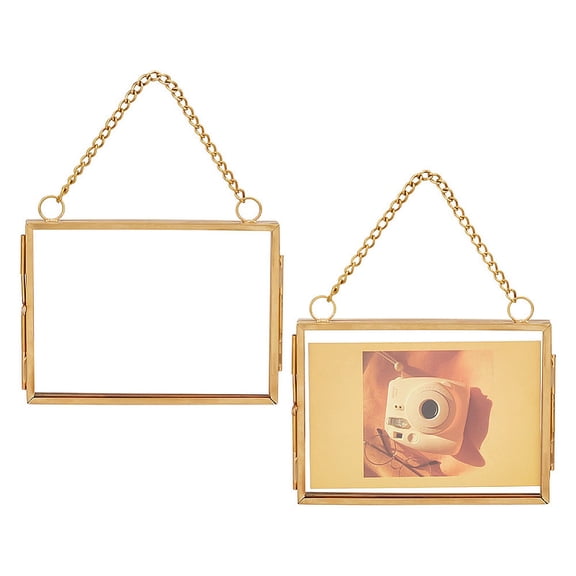 Glass Rectangle Wall Hanging Photo Frame with Alloy Frame Golden 127mm