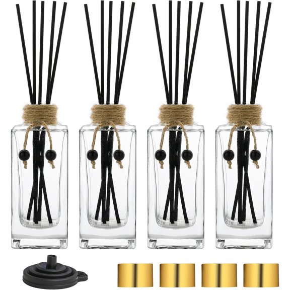 Glass Reed Diffuser Set of 4 - 5oz/155ml Clear Empty Essential Oil Diffuser Bottles with Caps and Reeds - Decorative Bottle Set - Bulk Reusable Apothecary Perfume Jar Gift