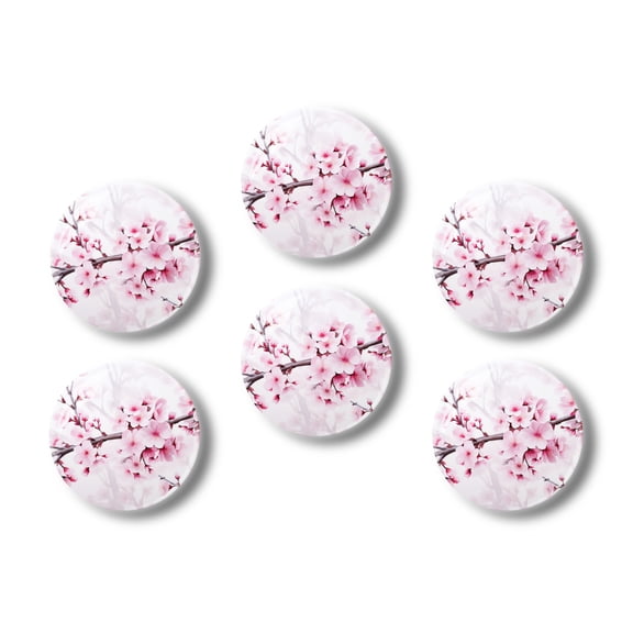 Glass Refrigerator Magnet 6Pcs Magnetic Fridge Sticker,Decor for Kitchen,Whiteboard,Cabinet,Beautiful Painting Of Pink Cherry Blossoms On White Background