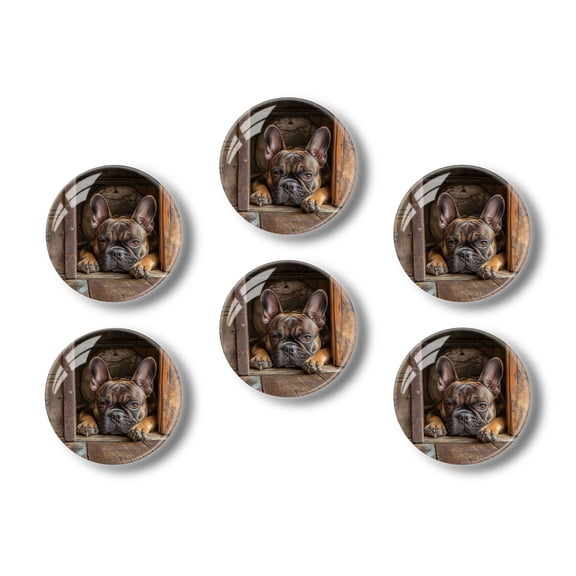 Glass Refrigerator Magnet 6Pcs Magnetic Fridge Sticker,Decor for Kitchen,Whiteboard,Cabinet,Circle Sticker Of Cute French Bulldog Peeking From Behind Door