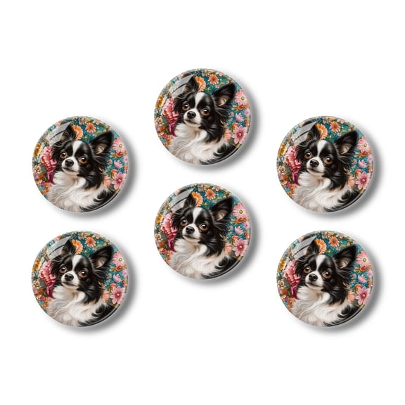 Glass Refrigerator Magnet 6Pcs Magnetic Fridge Sticker,Decor for Kitchen,Whiteboard,Cabinet,Circular Design Featuring Black And White Long-Haired Chihuahua