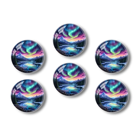 Glass Refrigerator Magnet 6Pcs Magnetic Fridge Sticker,Decor for Kitchen,Whiteboard,Cabinet,Intricate Circular Design Featuring The Northern Lights Over Mountains And Forests