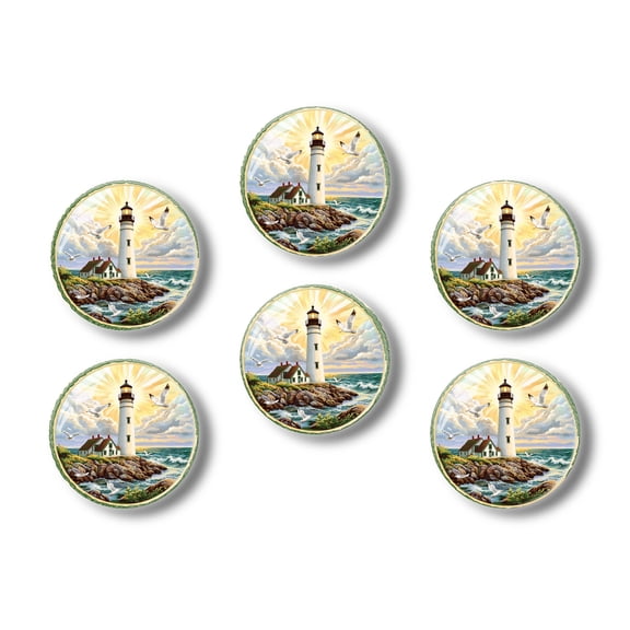 Glass Refrigerator Magnet 6Pcs Magnetic Fridge Sticker,Decor for Kitchen,Whiteboard,Cabinet,Lighthouse On The Rocky Coast Of Maine With Seagulls Flying Around