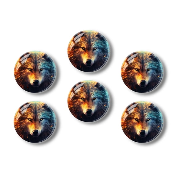 Glass Refrigerator Magnet 6Pcs Magnetic Fridge Sticker,Decor for Kitchen,Whiteboard,Cabinet,Majestic Wolf With Piercing Eyes And Fur Reflecting The Colors Of Fire And Ice