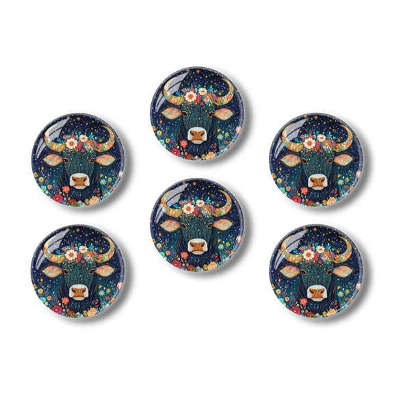 Glass Refrigerator Magnet 6Pcs Magnetic Fridge Sticker,Decor for Kitchen,Whiteboard,Cabinet,Stunning Taurus Zodiac Sign Circular Design With Floral And Boho Elements