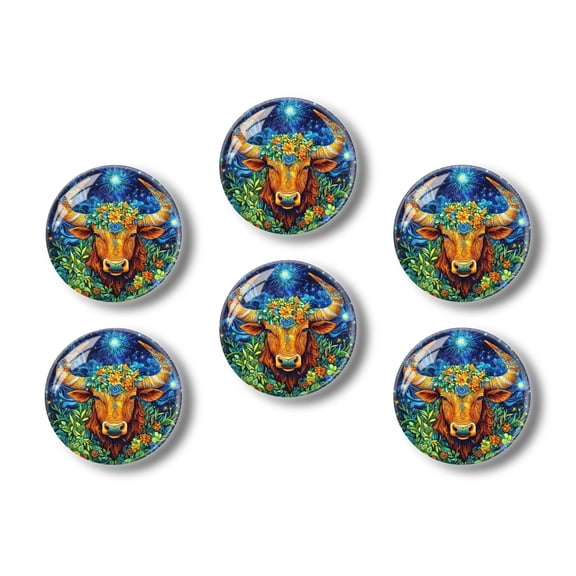 Glass Refrigerator Magnet 6Pcs Magnetic Fridge Sticker,Decor for Kitchen,Whiteboard,Cabinet,Vibrant And Detailed Circular Design Featuring The Taurus Zodiac Sign