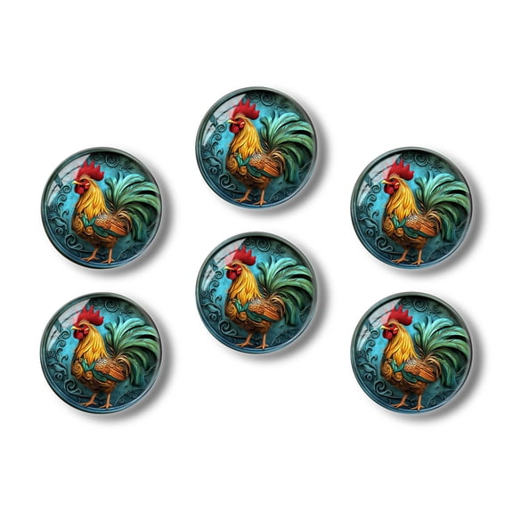Glass Refrigerator Magnet 6Pcs Magnetic Fridge Sticker,Decor for Kitchen,Whiteboard,Cabinet,Vibrant Rooster With Feathers Shimmering In Shades Of Blue