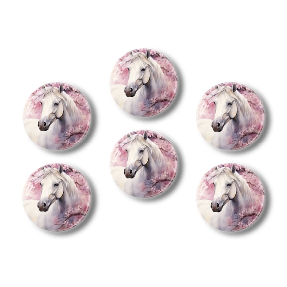 Glass Refrigerator Magnet 6Pcs Magnetic Fridge Sticker,Decor for Kitchen,Whiteboard,Cabinet,Watercolor Painting Of Beautiful White Horse Under Cherry Blossom Tree
