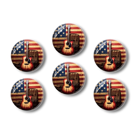 Glass Refrigerator Magnet 6Pcs Magnetic Fridge Sticker,Decor for Kitchen,Whiteboard,Cabinet,Acoustic Guitar In Front Of American Flag