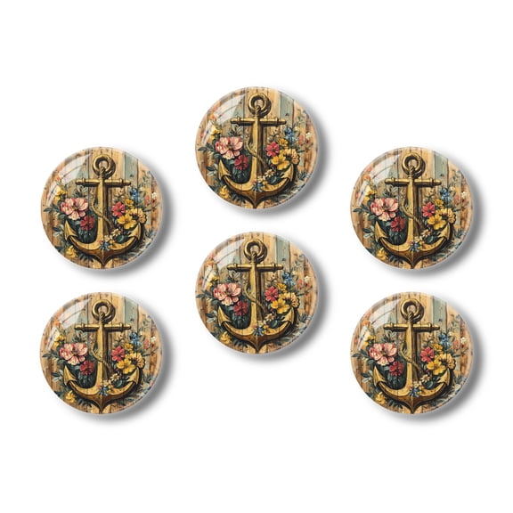 Glass Refrigerator Magnet 6Pcs Magnetic Fridge Sticker,Decor for Kitchen,Whiteboard,Cabinet,Antique Look Anchor Surrounded By Flowers And Birds