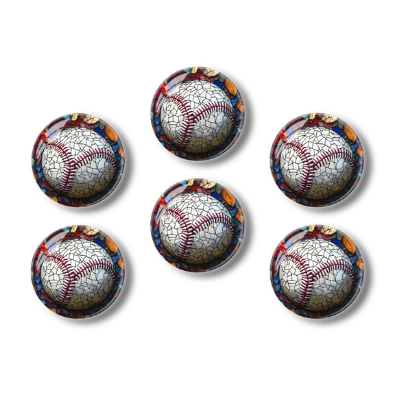 Glass Refrigerator Magnet 6Pcs Magnetic Fridge Sticker,Decor for Kitchen,Whiteboard,Cabinet,Baseball In The Center Of Stained Glass Mosaic