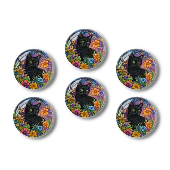 Glass Refrigerator Magnet 6Pcs Magnetic Fridge Sticker,Decor for Kitchen,Whiteboard,Cabinet,Black Cat In Colorful Flowers