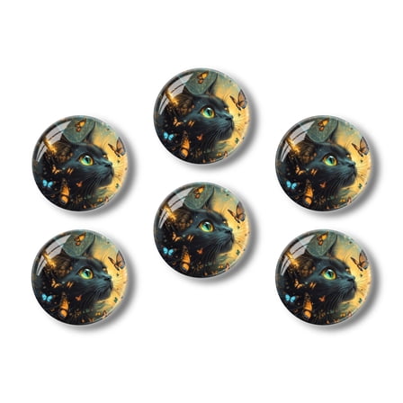 Glass Refrigerator Magnet 6Pcs Magnetic Fridge Sticker,Decor for Kitchen,Whiteboard,Cabinet,Black Cat Surrounded By Butterflies Art