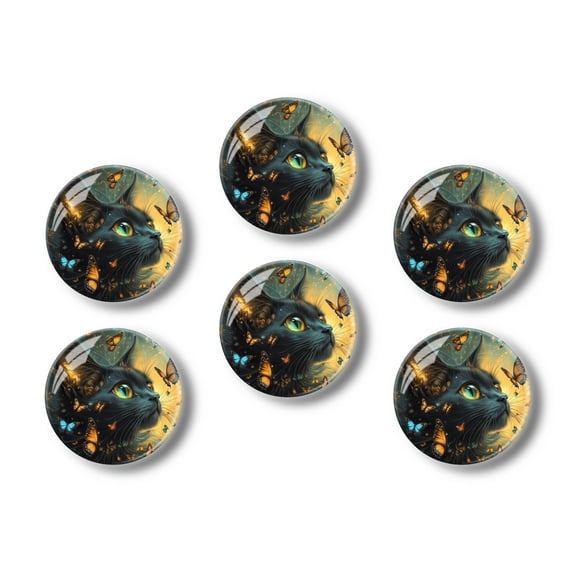 Glass Refrigerator Magnet 6Pcs Magnetic Fridge Sticker,Decor for Kitchen,Whiteboard,Cabinet,Black Cat Surrounded By Butterflies Art