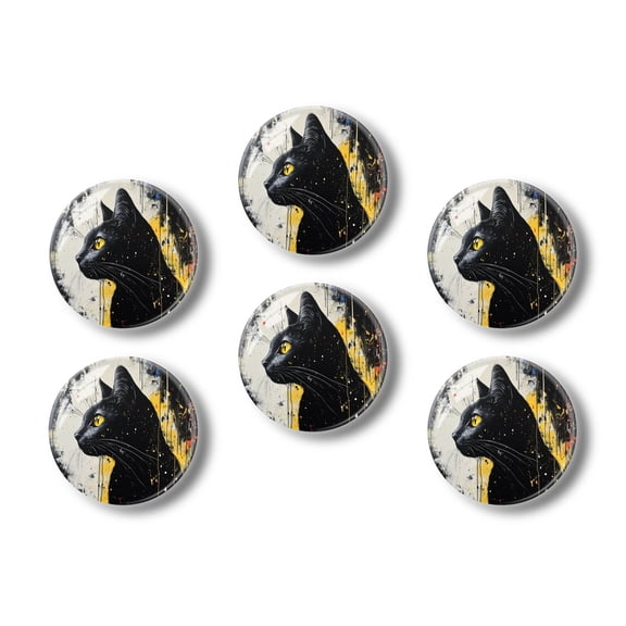 Glass Refrigerator Magnet 6Pcs Magnetic Fridge Sticker,Decor for Kitchen,Whiteboard,Cabinet,Black Cat With Splatter Paint Background