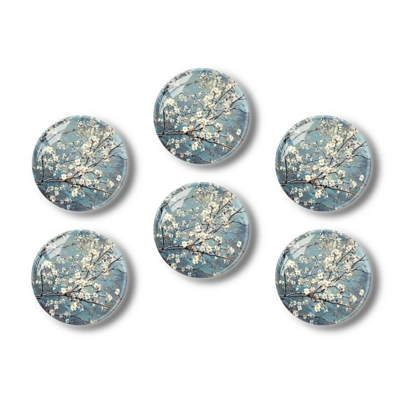 Glass Refrigerator Magnet 6Pcs Magnetic Fridge Sticker,Decor for Kitchen,Whiteboard,Cabinet,Blossoming Cherry Branches In Soft Blues