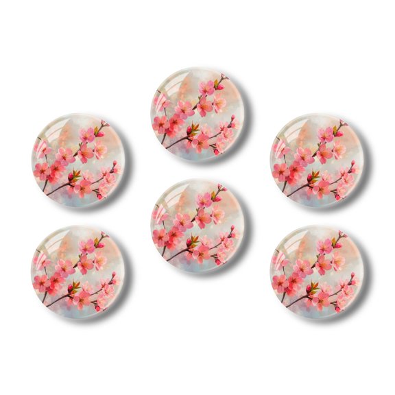 Glass Refrigerator Magnet 6Pcs Magnetic Fridge Sticker,Decor for Kitchen,Whiteboard,Cabinet,Blossoming Cherry Branches In Soft Pastels