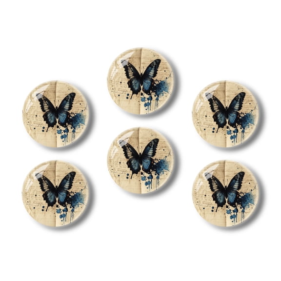 Glass Refrigerator Magnet 6Pcs Magnetic Fridge Sticker,Decor for Kitchen,Whiteboard,Cabinet,Blue Butterfly On Aged Paper