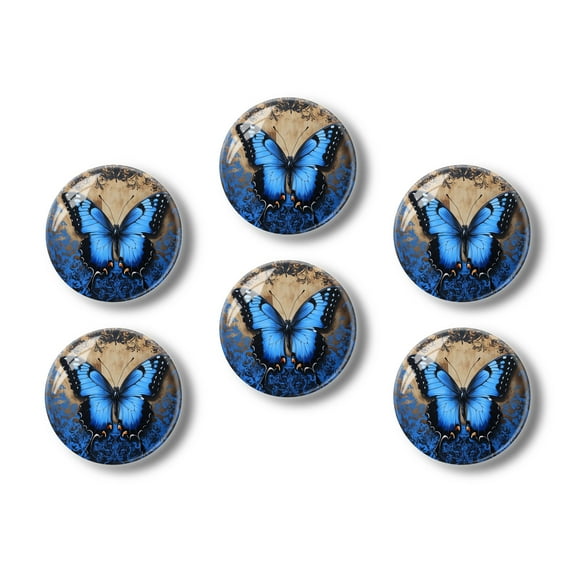 Glass Refrigerator Magnet 6Pcs Magnetic Fridge Sticker,Decor for Kitchen,Whiteboard,Cabinet,Blue Butterfly On Retro Style Background