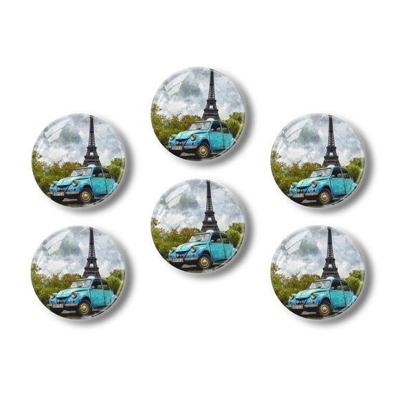 Glass Refrigerator Magnet 6Pcs Magnetic Fridge Sticker,Decor for Kitchen,Whiteboard,Cabinet,Blue Car In Front Of The Eiffel Tower