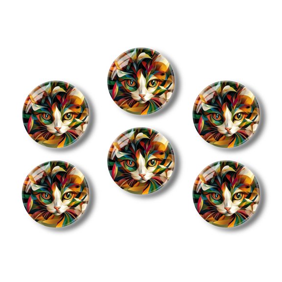 Glass Refrigerator Magnet 6Pcs Magnetic Fridge Sticker,Decor for Kitchen,Whiteboard,Cabinet,Cat Portrait In Dynamic Color Forms