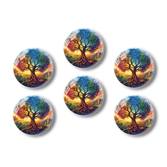 Glass Refrigerator Magnet 6Pcs Magnetic Fridge Sticker,Decor for Kitchen,Whiteboard,Cabinet,Circular Logo Depicting The Colorful Tree Of Life