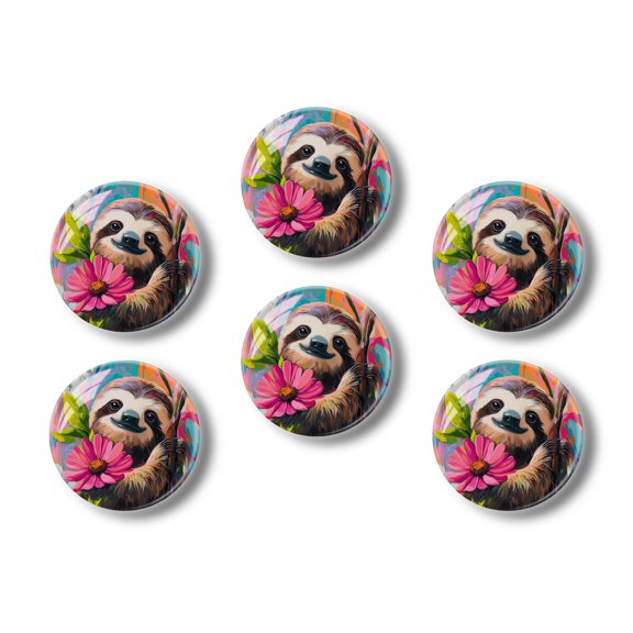 Glass Refrigerator Magnet 6Pcs Magnetic Fridge Sticker,Decor for Kitchen,Whiteboard,Cabinet,Colorful Sloth With Flower Art