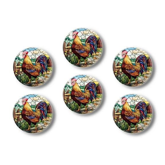 Glass Refrigerator Magnet 6Pcs Magnetic Fridge Sticker,Decor for Kitchen,Whiteboard,Cabinet,Colorful Stained Glass Art Depicting Large Rooster