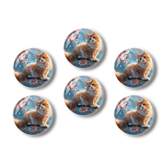Glass Refrigerator Magnet 6Pcs Magnetic Fridge Sticker,Decor for Kitchen,Whiteboard,Cabinet,Cute Cat With Fluffy Fur And Long Tail