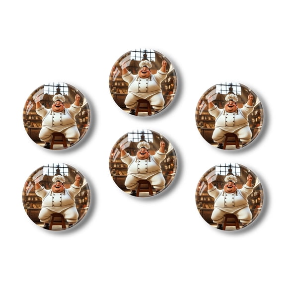Glass Refrigerator Magnet 6Pcs Magnetic Fridge Sticker,Decor for Kitchen,Whiteboard,Cabinet,Cute Fat Chef Character Holding Kitchen Utensils