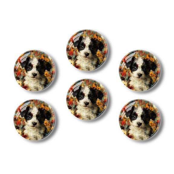 Glass Refrigerator Magnet 6Pcs Magnetic Fridge Sticker,Decor for Kitchen,Whiteboard,Cabinet,Flower Surrounded Puppy In An Oil Paint Style