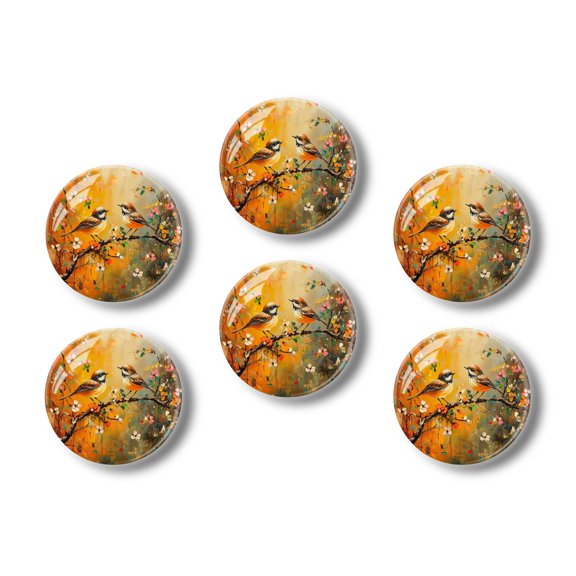 Glass Refrigerator Magnet 6Pcs Magnetic Fridge Sticker,Decor for Kitchen,Whiteboard,Cabinet,Flowers And Birds Under The Setting Sun