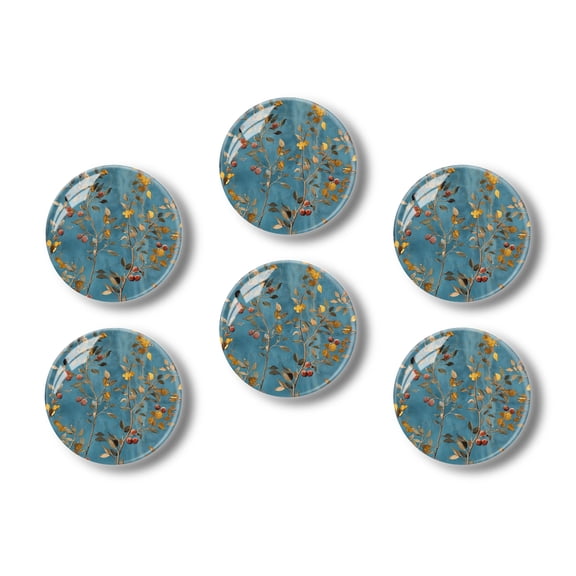 Glass Refrigerator Magnet 6Pcs Magnetic Fridge Sticker,Decor for Kitchen,Whiteboard,Cabinet,Fruited Branches In Textured Blue Setting