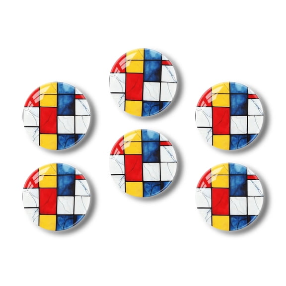 Glass Refrigerator Magnet 6Pcs Magnetic Fridge Sticker,Decor for Kitchen,Whiteboard,Cabinet,Geometric Tiles In Bold Primary Colors