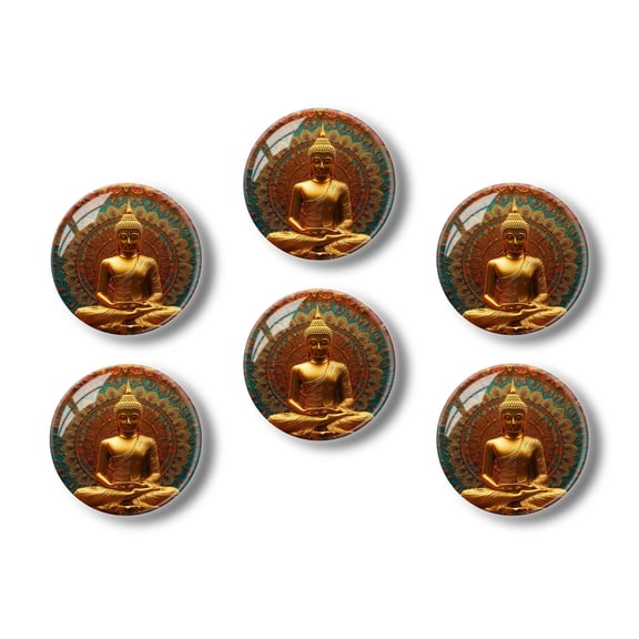 Glass Refrigerator Magnet 6Pcs Magnetic Fridge Sticker,Decor for Kitchen,Whiteboard,Cabinet,Golden Buddha Statue With Colorful Mandala Background