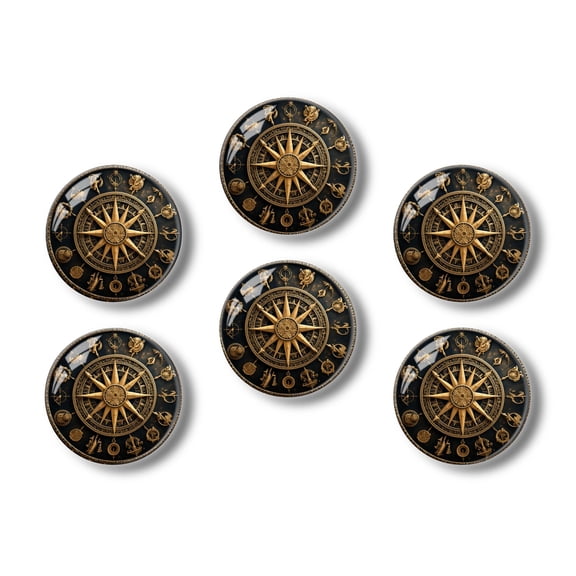 Glass Refrigerator Magnet 6Pcs Magnetic Fridge Sticker,Decor for Kitchen,Whiteboard,Cabinet,Illustration Of The Zodiac Signs On Ancient Compass