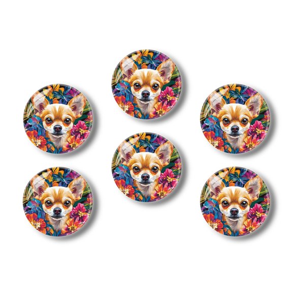Glass Refrigerator Magnet 6Pcs Magnetic Fridge Sticker,Decor for Kitchen,Whiteboard,Cabinet,Intricate Chihuahua Surrounded By Flowers