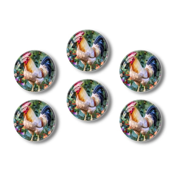 Glass Refrigerator Magnet 6Pcs Magnetic Fridge Sticker,Decor for Kitchen,Whiteboard,Cabinet,Mosaic Style Rooster In Garden Like Setting