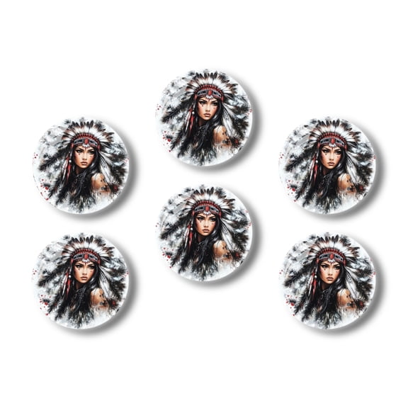 Glass Refrigerator Magnet 6Pcs Magnetic Fridge Sticker,Decor for Kitchen,Whiteboard,Cabinet,Native American Woman With Long Black Hair