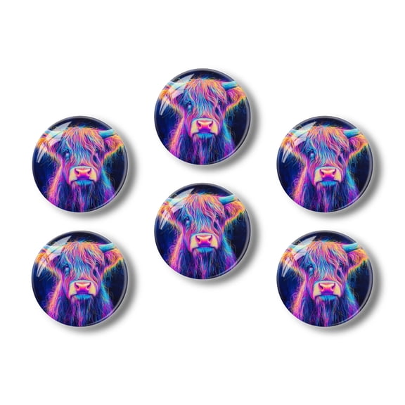 Glass Refrigerator Magnet 6Pcs Magnetic Fridge Sticker,Decor for Kitchen,Whiteboard,Cabinet,Neon Colored Highland Cow On Dark Background