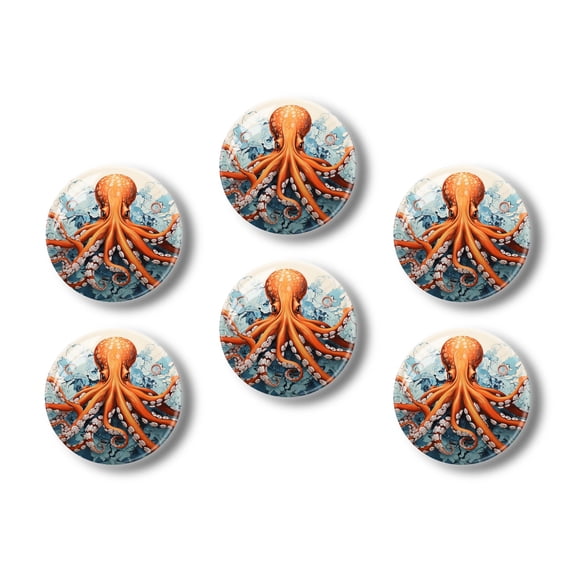Glass Refrigerator Magnet 6Pcs Magnetic Fridge Sticker,Decor for Kitchen,Whiteboard,Cabinet,Octopus With Orange Body And White Tentacles