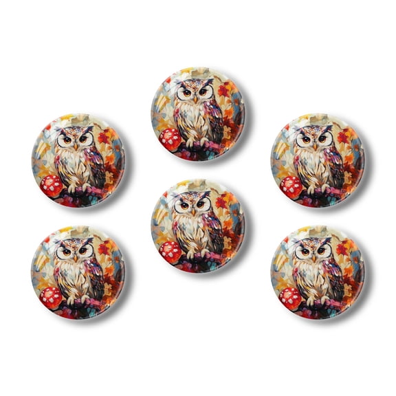 Glass Refrigerator Magnet 6Pcs Magnetic Fridge Sticker,Decor for Kitchen,Whiteboard,Cabinet,Owl Perched On Branch With Red Mushroom
