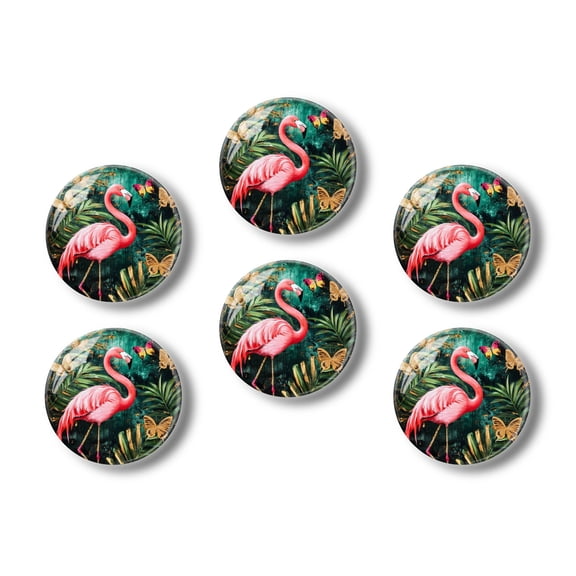Glass Refrigerator Magnet 6Pcs Magnetic Fridge Sticker,Decor for Kitchen,Whiteboard,Cabinet,Pink Flamingo With Tropical Butterflies And Palm Leaves