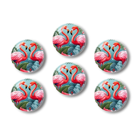 Glass Refrigerator Magnet 6Pcs Magnetic Fridge Sticker,Decor for Kitchen,Whiteboard,Cabinet,Pink Flamingos Stand Among The Leaves Of Tropical Flowers