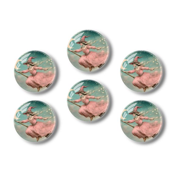 Glass Refrigerator Magnet 6Pcs Magnetic Fridge Sticker,Decor for Kitchen,Whiteboard,Cabinet,Pink Witch Flying On A Broom