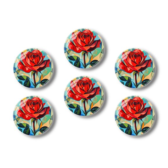 Glass Refrigerator Magnet 6Pcs Magnetic Fridge Sticker,Decor for Kitchen,Whiteboard,Cabinet,Red Rose In Geometric Color Mosaic